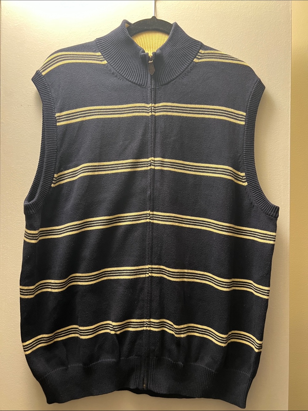 Men's Navy and Cream Striped Zip Cardigan Vest